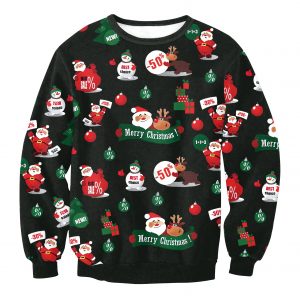 Christmas Sweatshirts - Santa Claus and Deer Icon Cute Black 3D Sweatshirt