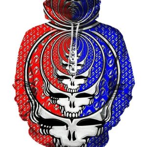 Funny Grateful Dead Hoodies - Pullover Red - Blue Skull 3D Hoodie