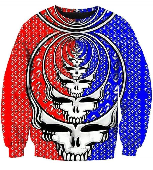 Funny Grateful Dead Hoodies - Zip Up  Red - Blue Skull 3D Hoodie