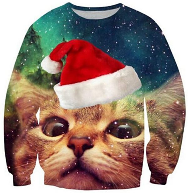 Funny Xmas Pullover Sweatshirt Cute Christmas Cat Sweatshirt