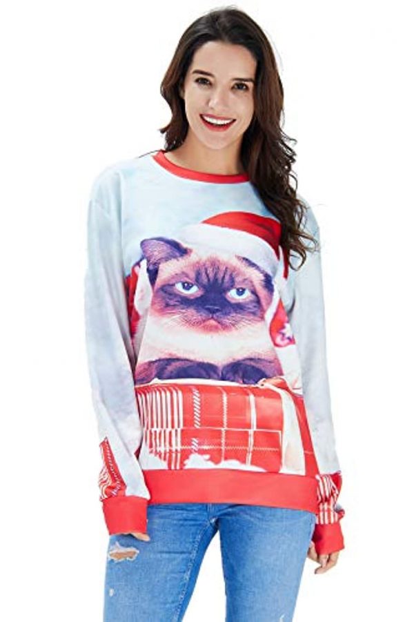 Funny Xmas Pullover Sweatshirt Unisex Cute Cat Gift Sweatshirt