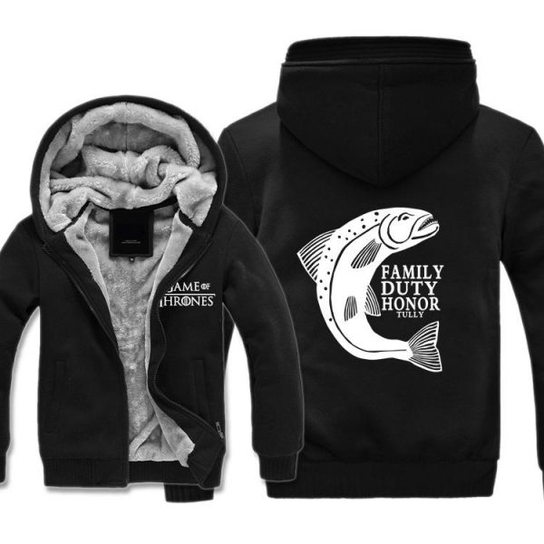 Game of Thrones Jackets - Solid Color DUTY HONOR ACTS Fish Icon Fleece Jacket