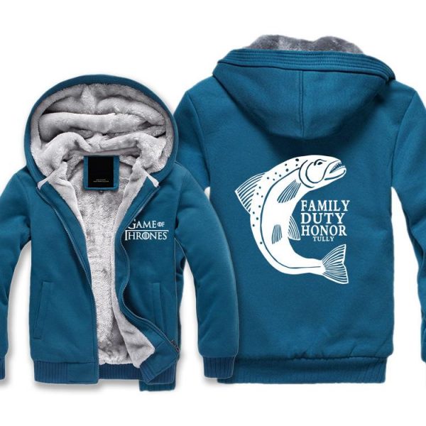 Game of Thrones Jackets - Solid Color DUTY HONOR ACTS Fish Icon Fleece Jacket