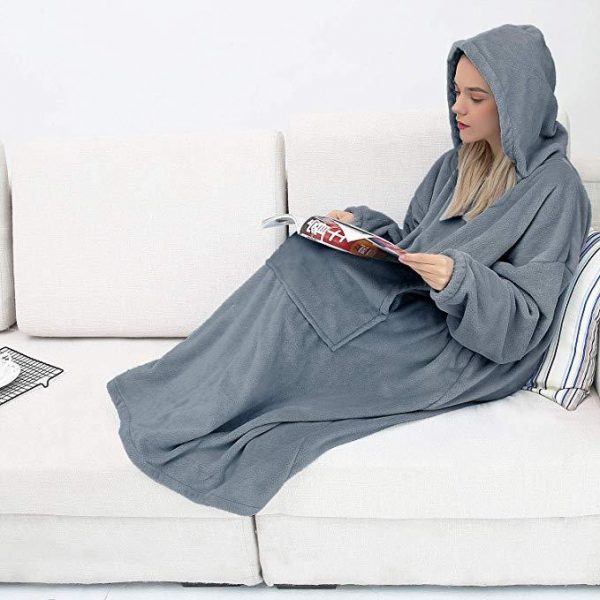 His-and-Hers Sleeves-Cute Long Flannel Plush Wearable Hooded Blanket