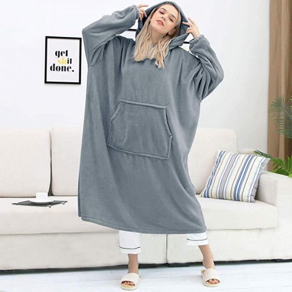 His-and-Hers Sleeves-Cute Long Flannel Plush Wearable Hooded Blanket