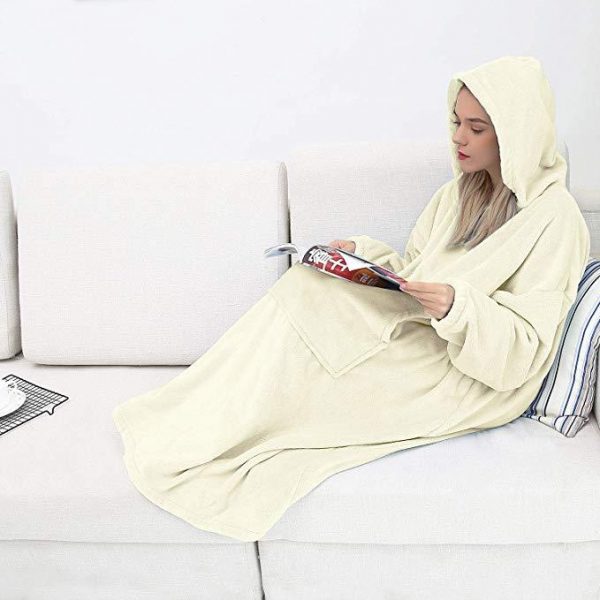 His-and-Hers Sleeves-Cute Long Flannel Plush Wearable Hooded Blanket