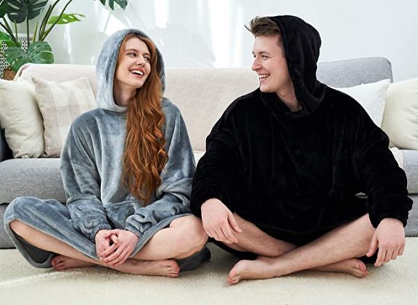 His-and-Hers Sleeves-Cute Long Flannel Plush Wearable Hooded Blanket