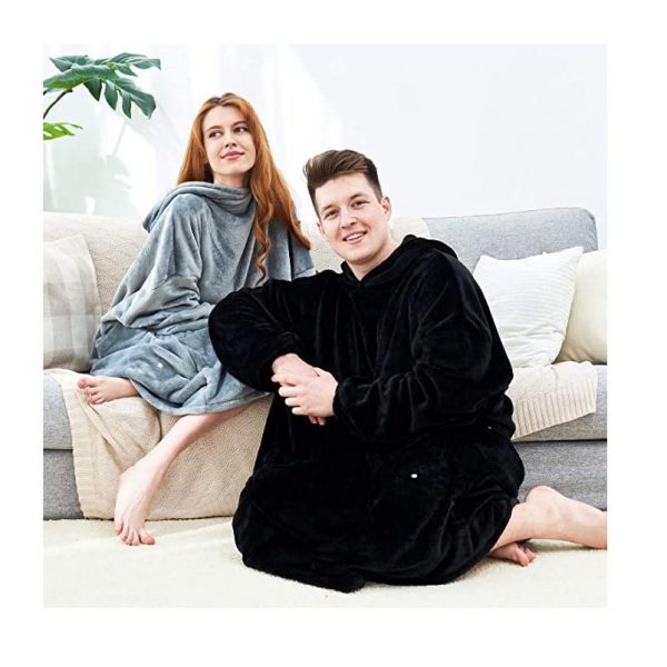 His-and-Hers Sleeves-Cute Long Flannel Plush Wearable Hooded Blanket