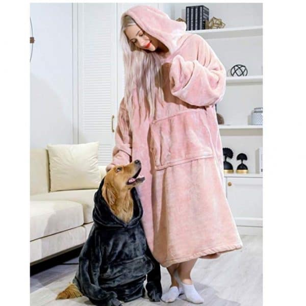 His-and-Hers Sleeves-Cute Long Flannel Plush Wearable Hooded Blanket