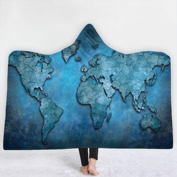 Map Hooded Blankets - Map Series World Map Blue Fleece Hooded Blanket