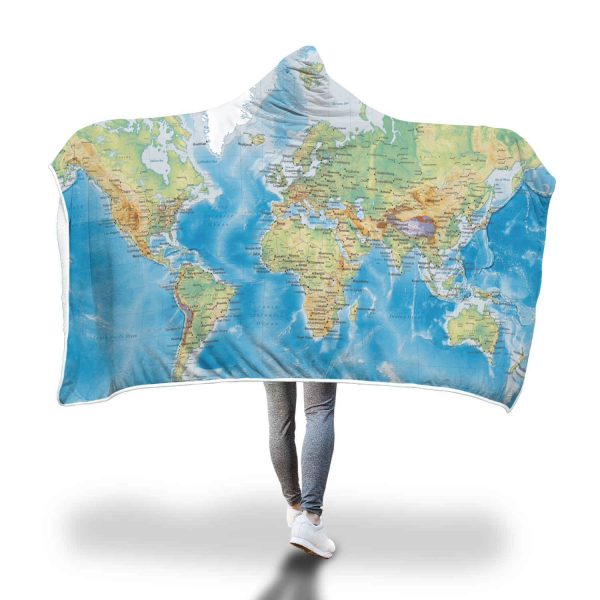 Map Hooded Blankets - Map Series World Map Blue Fleece Hooded Blanket