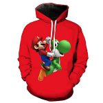 Mario Hoodie - Mario and Yoshi Red 3D Full Print Drawstring Hooded Pullover Sweatshirt