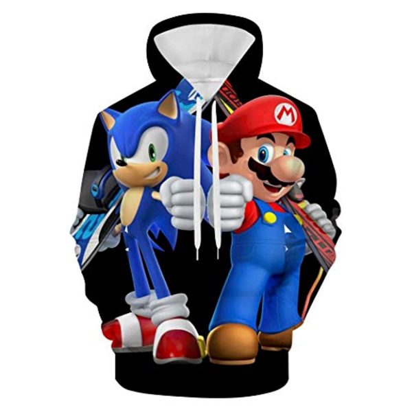 Mario Hoodie - Super Mario and Sonic 3D Full Print Drawstring Hooded Pullover Sweatshirt