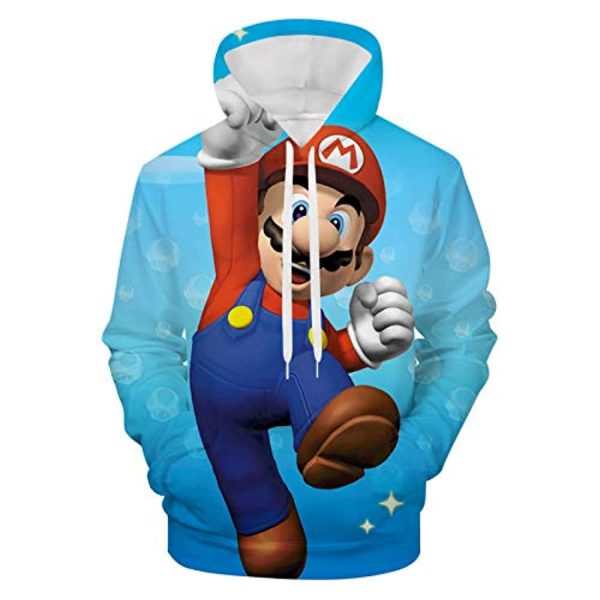 Mario Hoodie - Super Mario Blue 3D Full Print Drawstring Hooded Pullover Sweatshirt