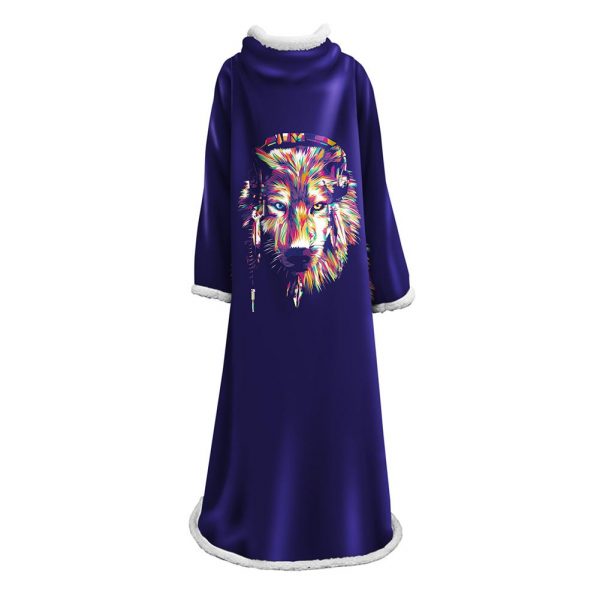 Plush Thickened Blanket With Sleeves -3D Digital Printed Wolf Blanket Robe