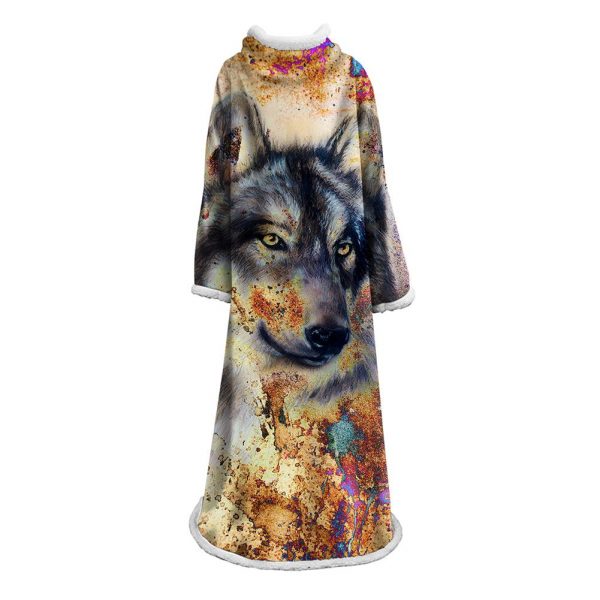 Plush Thickened Blanket With Sleeves -3D Digital Printed Wolf Blanket Robe