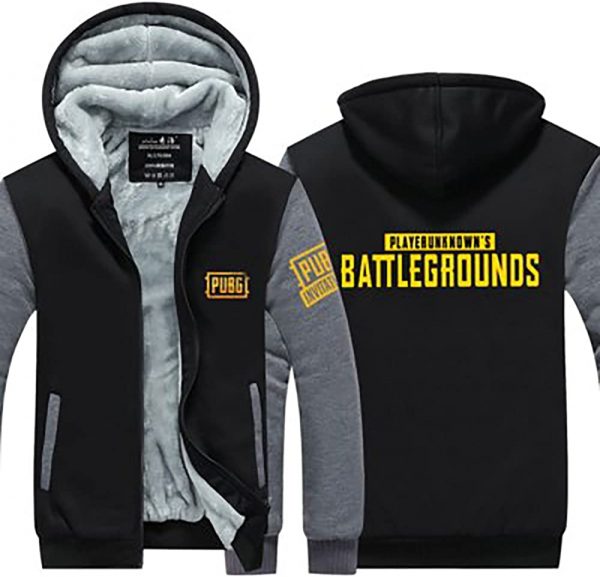 PUBG Thicken Hooded Coat - 3D Print Game Black Zipper Jacket with Pockets for Winter