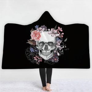 Skull Hooded Blankets - Skull Series Flower of Death Skull Super Cool Black Fleece Hooded Blanket