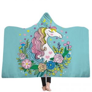 Unicorn Hooded Blanket - Colorful Flower Blue Blanket