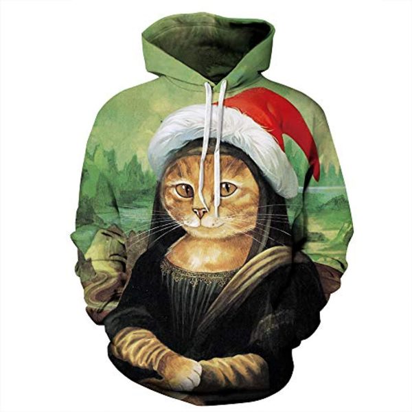 Unisex Ugly Christmas Sweater Funny Mona Lisa Cat Plus Size Pullover Hoodie XL-4XL