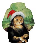 Unisex Ugly Christmas Sweater Funny Mona Lisa Cat Plus Size Pullover Hoodie XL-4XL