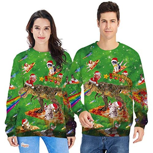 Unisex Ugly Christmas Sweatshirt 3D Graphic Pullover Sweater Funny Cat Dinosaur