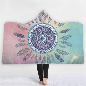 Watercolor Hooded Blankets - Colorful Feather Watercolor Stripe Fleece Hooded Blanket