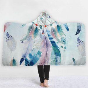 Watercolor Hooded Blankets - Colorful Feather Watercolor Style Fleece Hooded Blanket