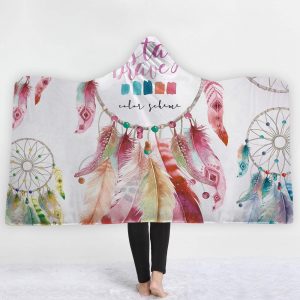 Watercolor Hooded Blankets - Watercolor Colorful Feather Pattern Red Fleece Hooded Blanket