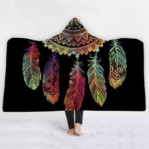 Watercolor Hooded Blankets - Watercolor Feather Black Fleece Hooded Blanket