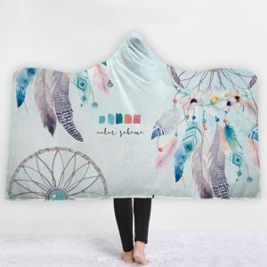 Watercolor Hooded Blankets - Watercolor Series Blue Feather Fleece Hooded Blanket